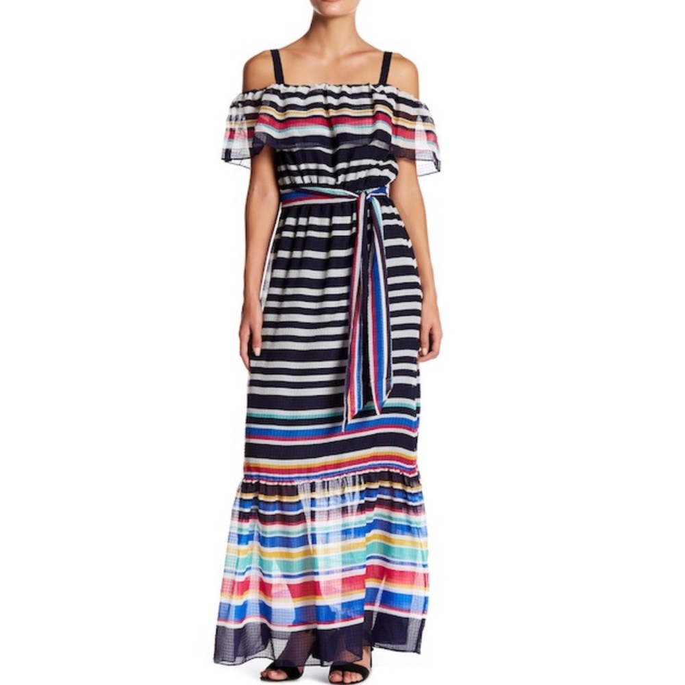 Eliza J striped maxi cold shoulder dress Sz 8 new